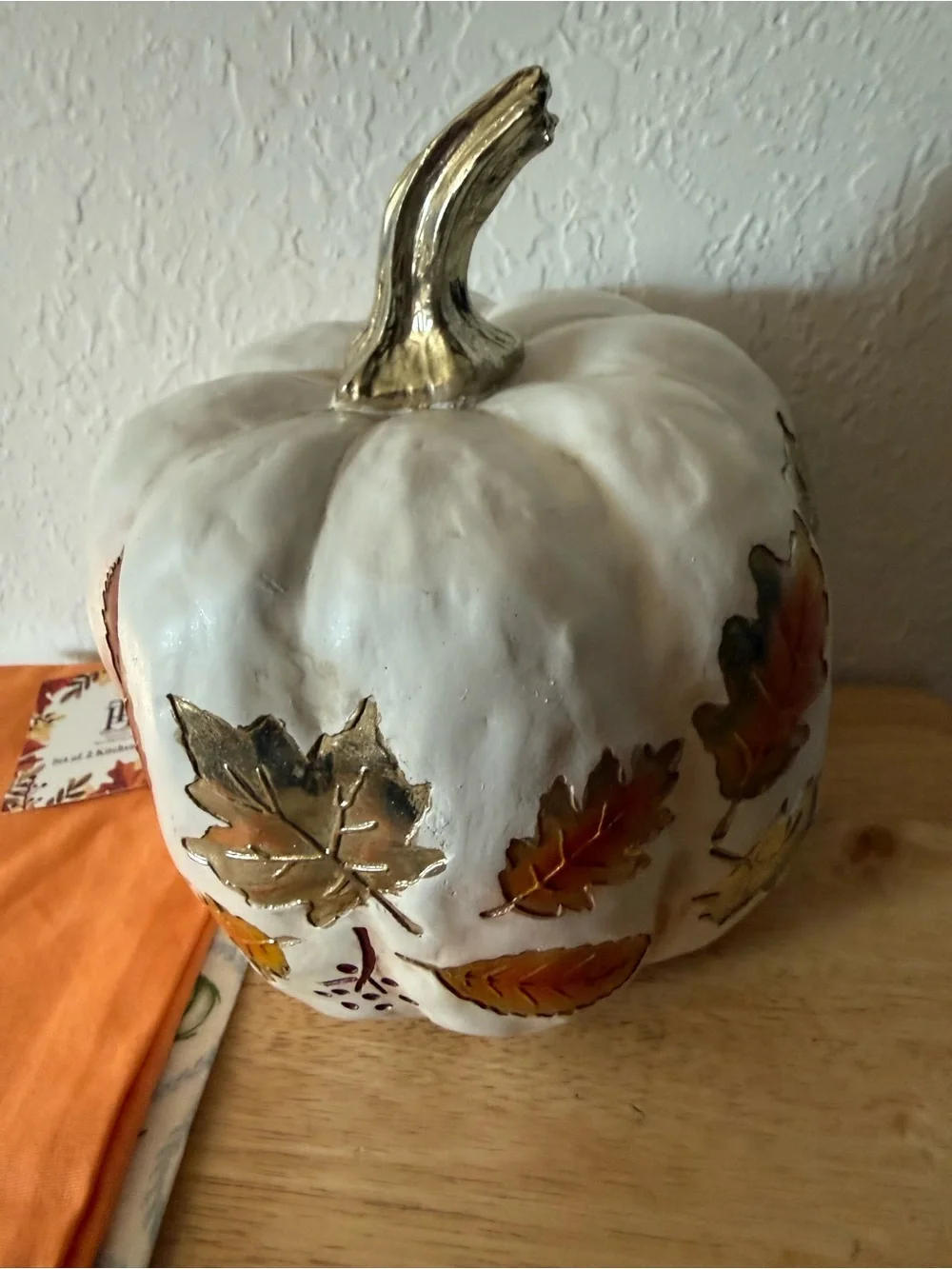 White  Pumpkin with Gold Leaf Accents - Seasonal Home Dining Decor